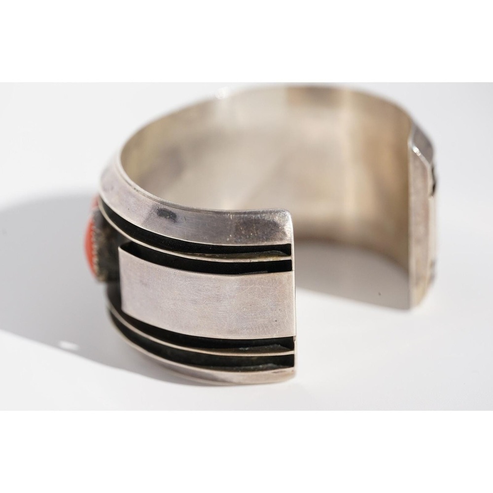 Old Pawn Native American Indian Sterling Silver Coral Cuff Bracelet - Heavy - Picture 8 of 9